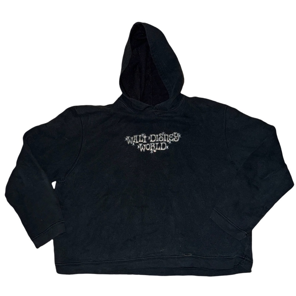 Disney Y2K Walt Disney World Silver Glitter Logo Boxy Black Hoodie XL